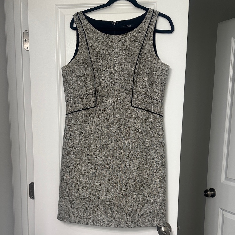 White House Black Market Gray Tweed Dress with Black Piping